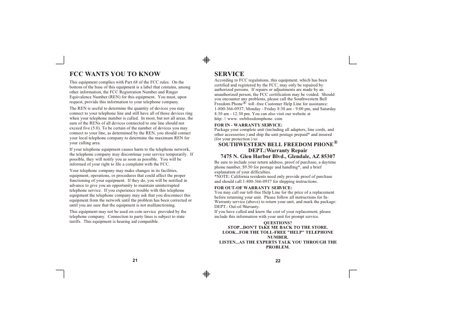 Southwestern Bell FM2552/FM2000 User Manual | Page 12 / 13