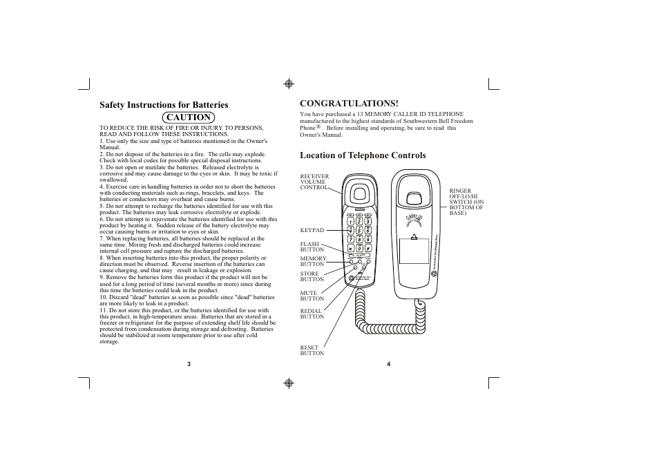 Location of telephone controls, Safety instructions for batteries caution | Southwestern Bell FM2552/FM2000 User Manual | Page 3 / 13