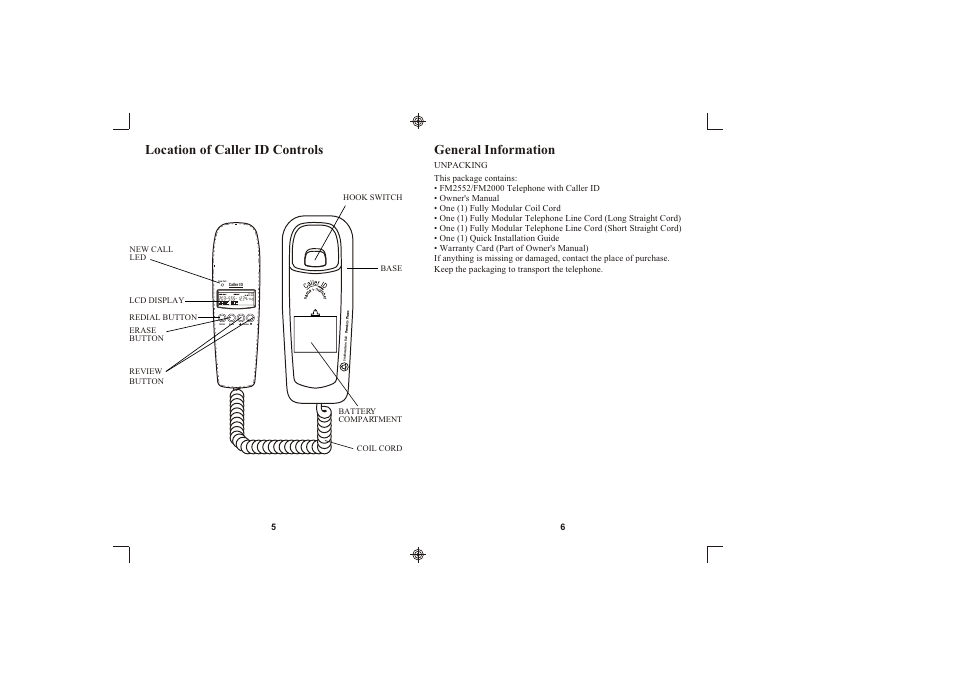 Location of caller id controls general information | Southwestern Bell FM2552/FM2000 User Manual | Page 4 / 13