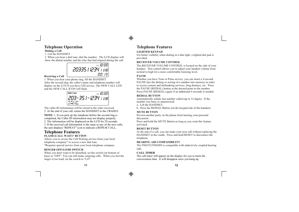 Telephone operation, Telephone features | Southwestern Bell FM2552/FM2000 User Manual | Page 7 / 13