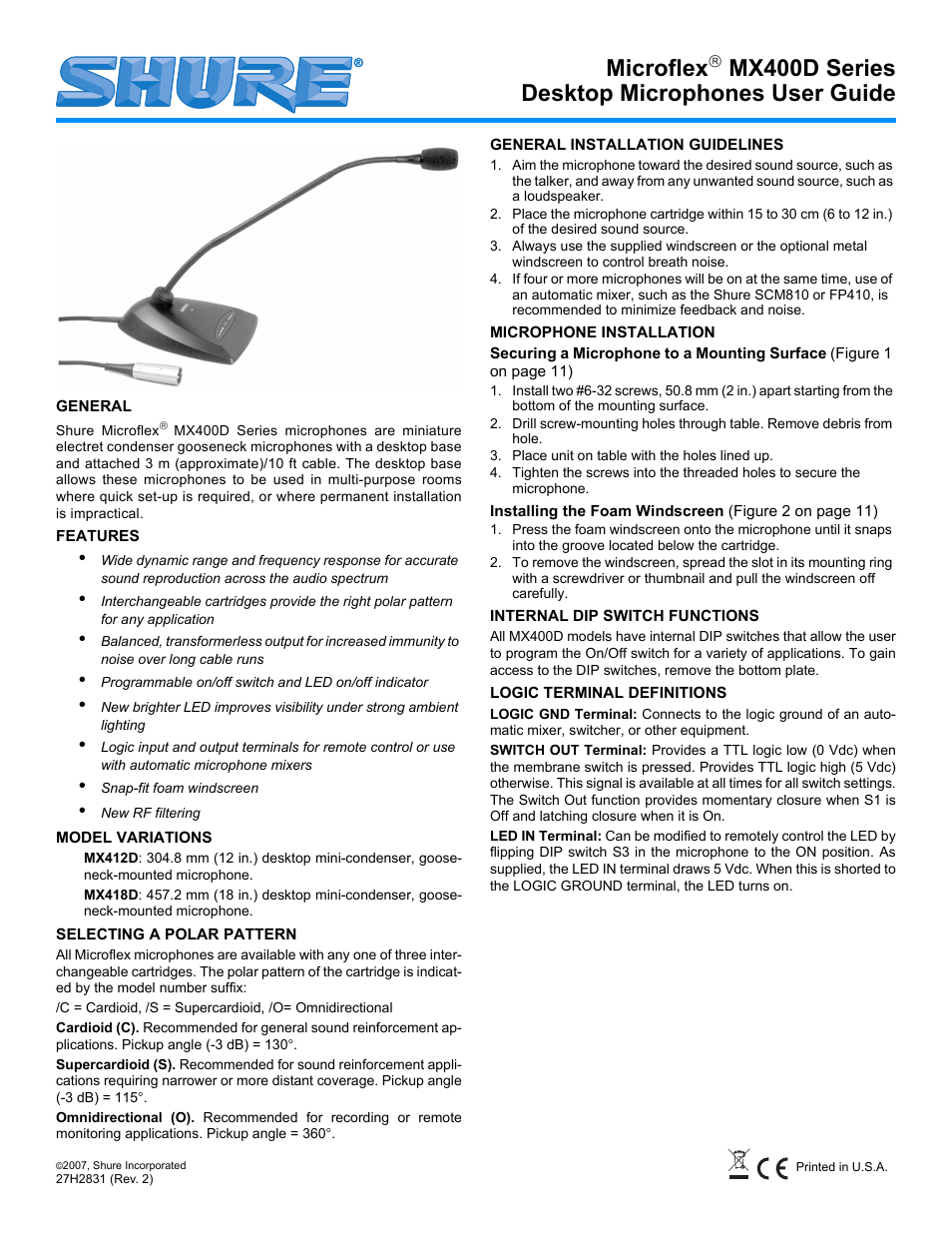 Shure MX400D User Manual | 12 pages