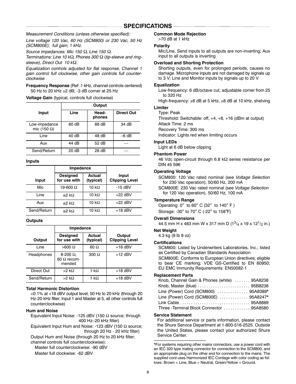 Specifications | Shure SCM800 User Manual | Page 8 / 12