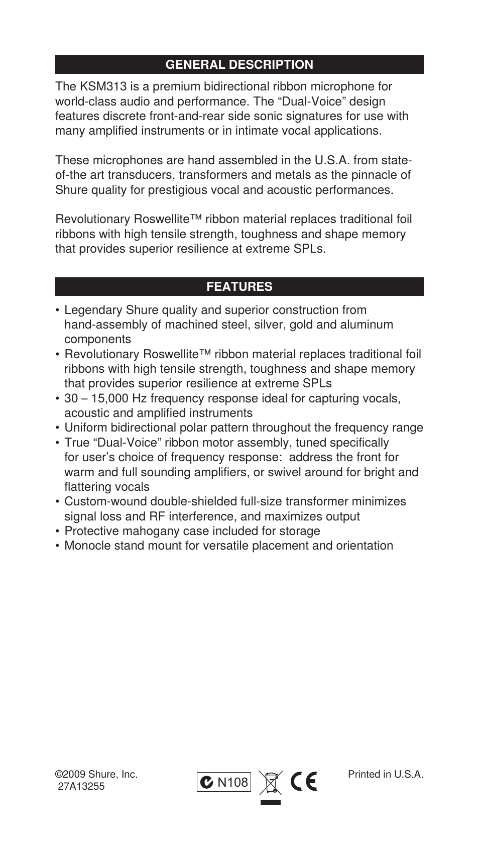 Shure ROSWELLITE KSM313 User Manual | Page 2 / 12