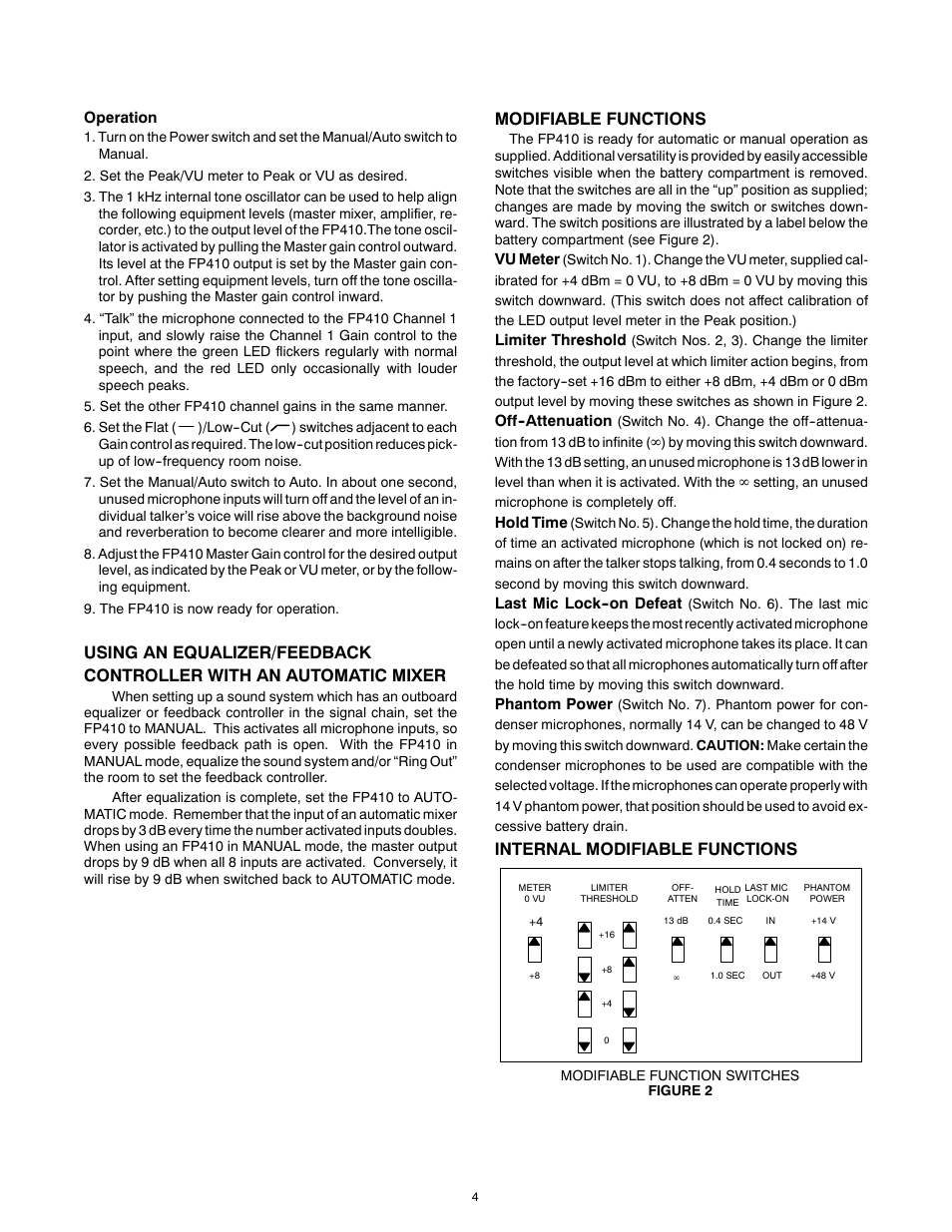 Modifiable functions, Internal modifiable functions | Shure FP410 User Manual | Page 4 / 30
