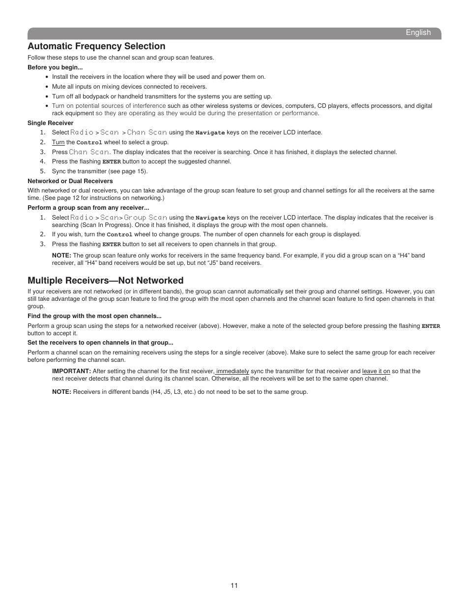 Automatic frequency selection, Multiple receivers—not networked | Shure UHF-R User Manual | Page 10 / 39
