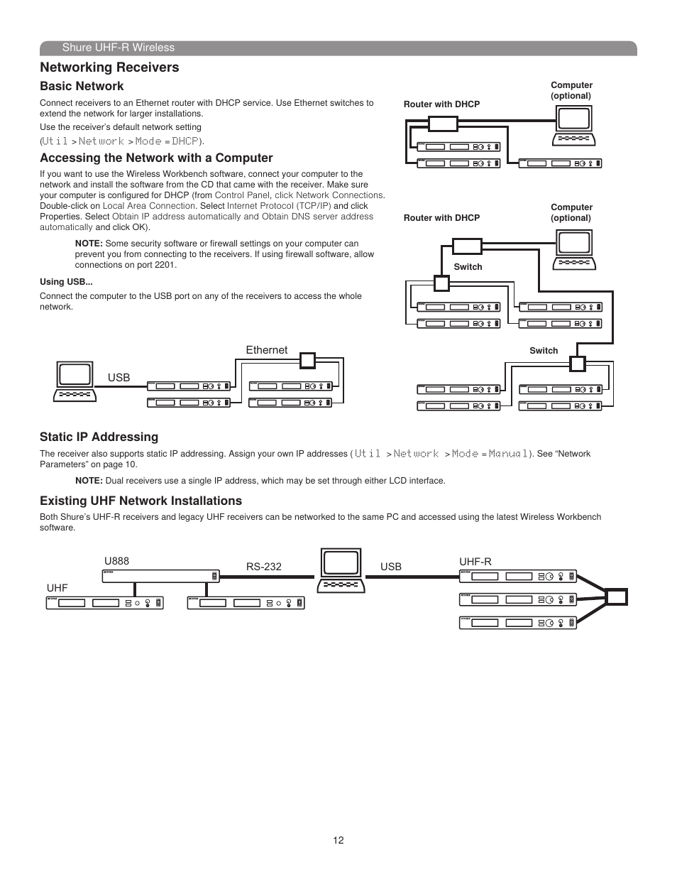 Networking receivers, Basic network, Accessing the network with a computer | Static ip addressing, Existing uhf network installations | Shure UHF-R User Manual | Page 11 / 39