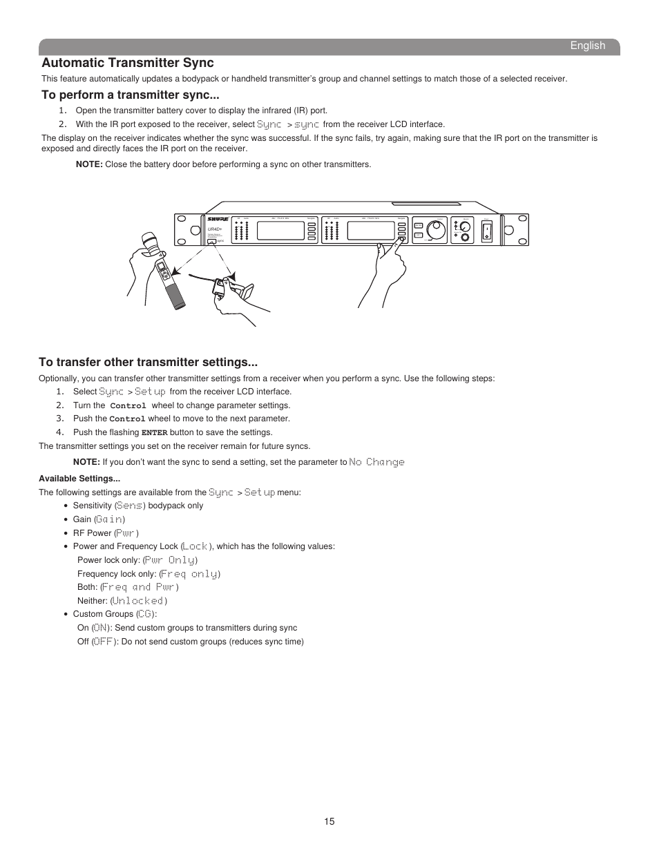 Automatic transmitter sync, English, Sync monitor clip | Push 1 2 | Shure UHF-R User Manual | Page 14 / 39