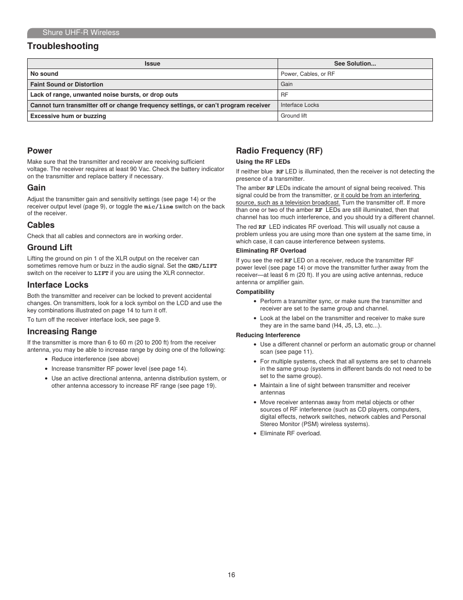 Troubleshooting, Power, Gain | Cables, Ground lift, Interface locks, Increasing range, Radio frequency (rf) | Shure UHF-R User Manual | Page 15 / 39