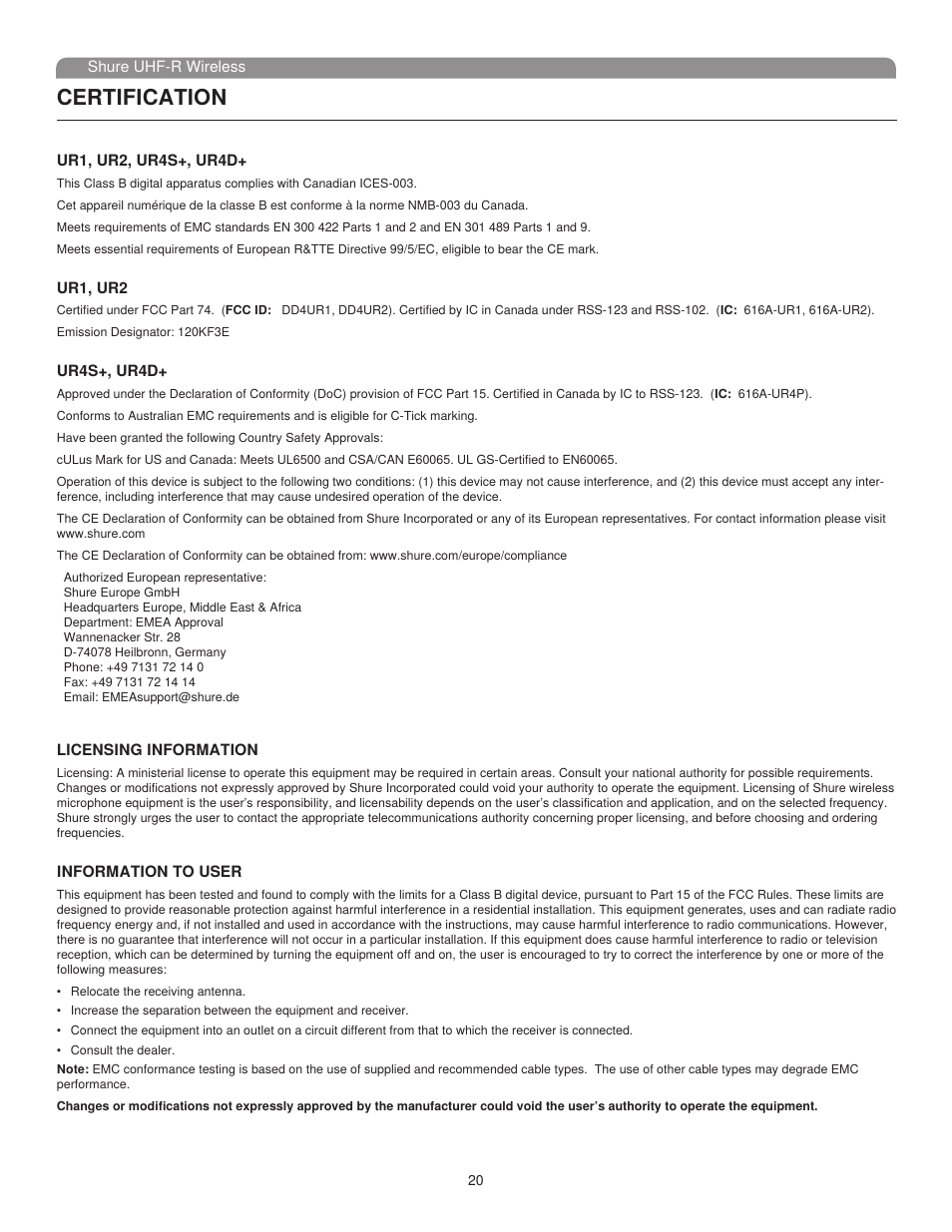 Certification | Shure UHF-R User Manual | Page 19 / 39