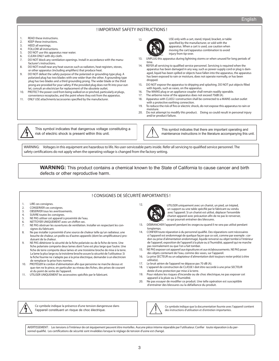 Warning, English ! important safety instructions, Consignes de sécurité importantes | Shure UHF-R User Manual | Page 2 / 39