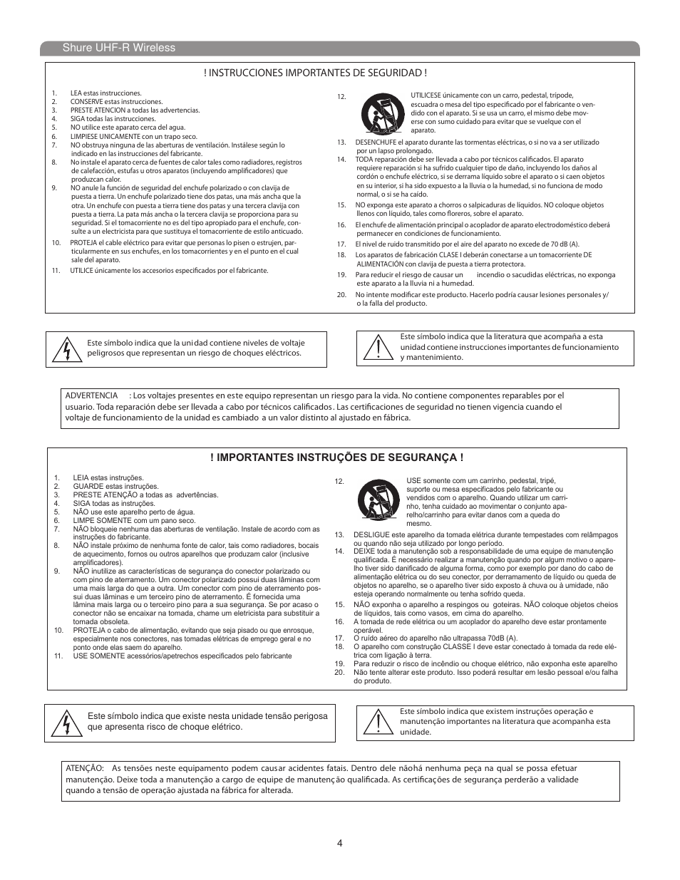 Shure uhf-r wireless, Instrucciones importantes de seguridad, Importantes instruções de segurança | Shure UHF-R User Manual | Page 3 / 39