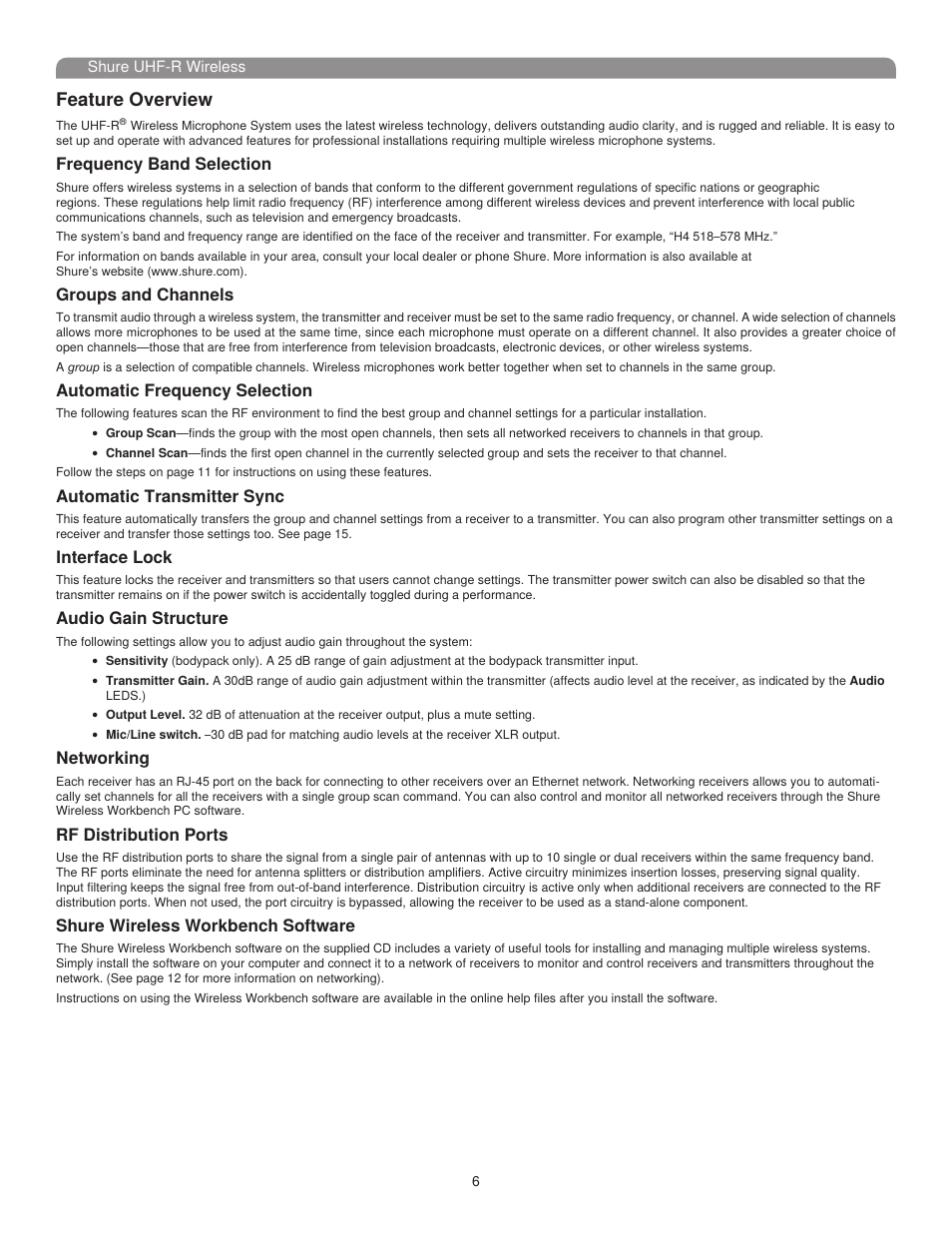 Feature overview, Frequency band selection, Groups and channels | Automatic frequency selection, Automatic transmitter sync, Interface lock, Audio gain structure, Networking, Rf distribution ports, Shure wireless workbench software | Shure UHF-R User Manual | Page 5 / 39