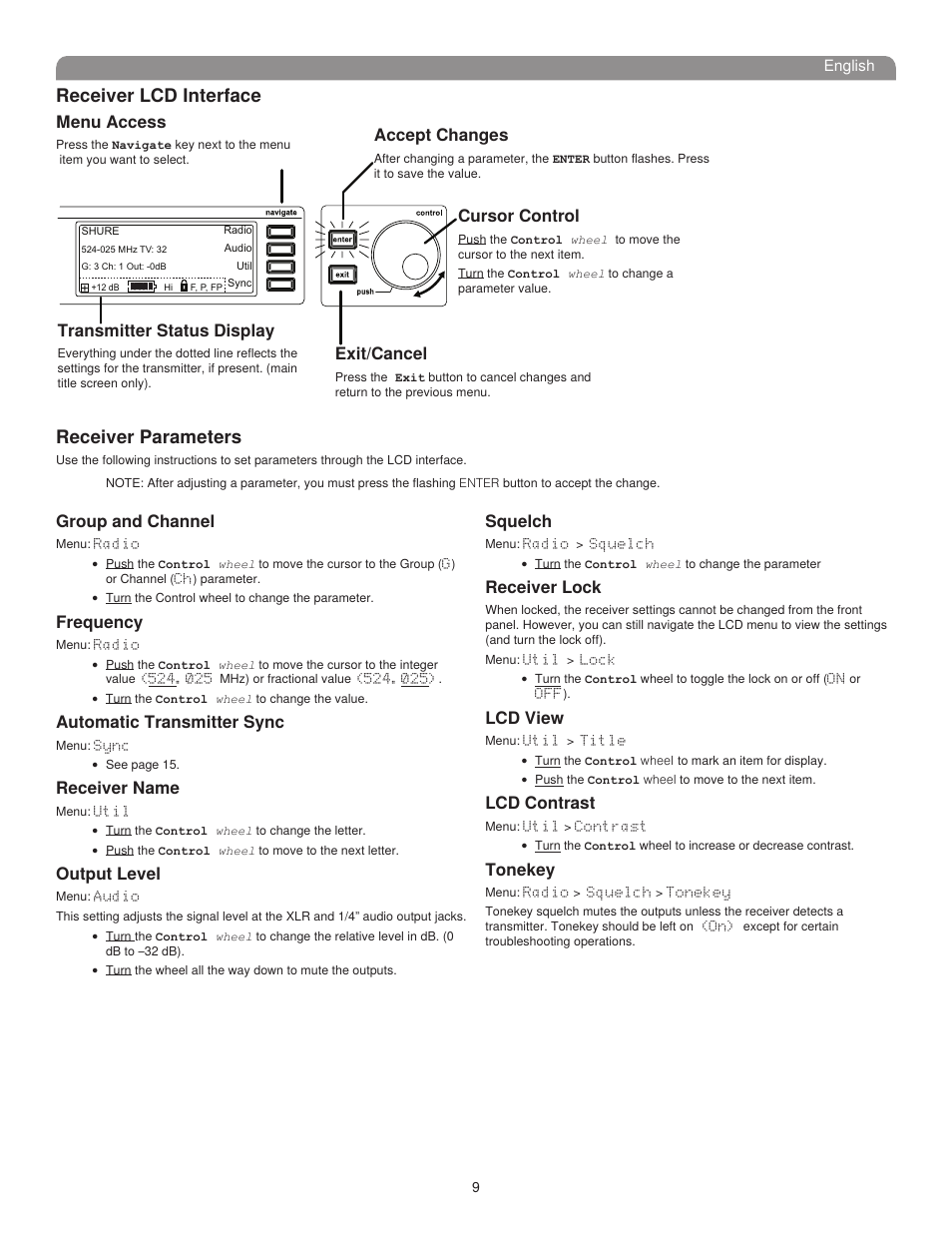 Receiver lcd interface, Receiver parameters, Menu access | Accept changes, Cursor control, Exit/cancel, Transmitter status display, Group and channel, Frequency, Automatic transmitter sync | Shure UHF-R User Manual | Page 8 / 39