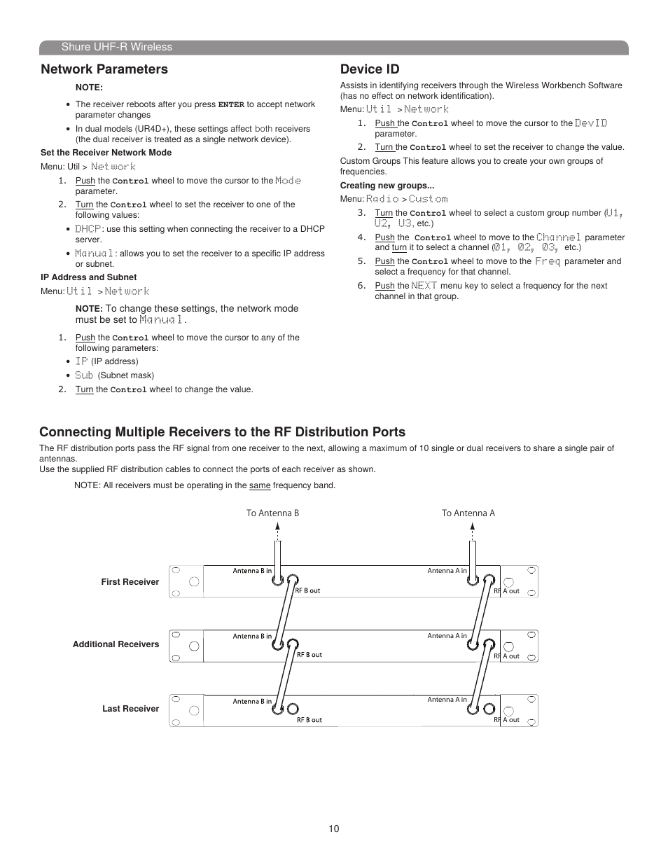 Network parameters, Device id | Shure UHF-R User Manual | Page 9 / 39