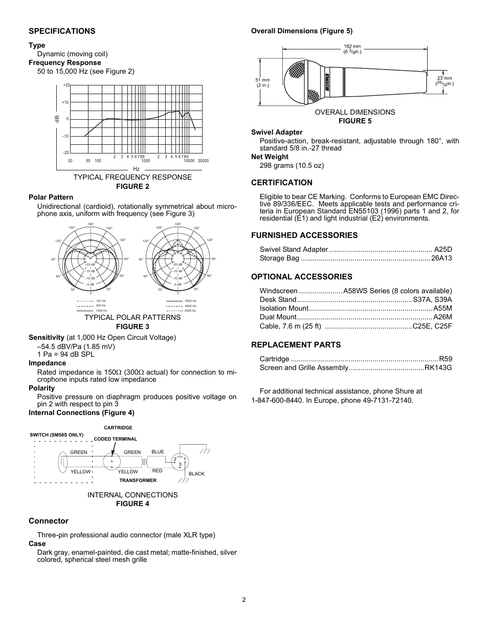 Specifications, Type, Frequency response | Polar pattern, Sensitivity (at 1,000 hz open circuit voltage), Impedance, Polarity, Internal connections (figure 4), Connector, Case | Shure SM58 User Manual | Page 2 / 12