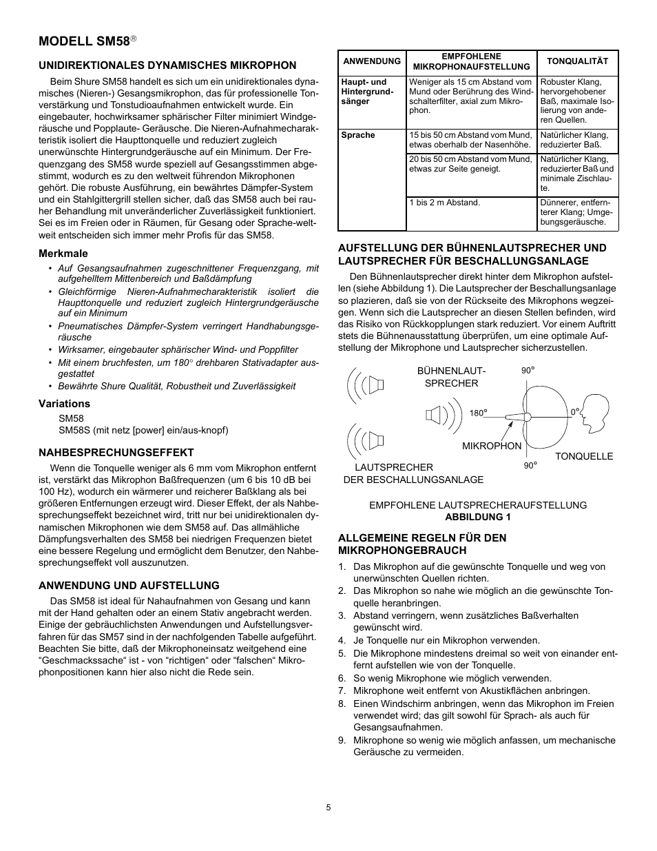 Modell sm58, Unidirektionales dynamisches mikrophon, Merkmale | Variations, Nahbesprechungseffekt, Anwendung und aufstellung, Lautsprecher der beschallungsanlage, Allgemeine regeln für den mikrophongebrauch, Je tonquelle nur ein mikrophon verwenden, So wenig mikrophone wie möglich verwenden | Shure SM58 User Manual | Page 5 / 12