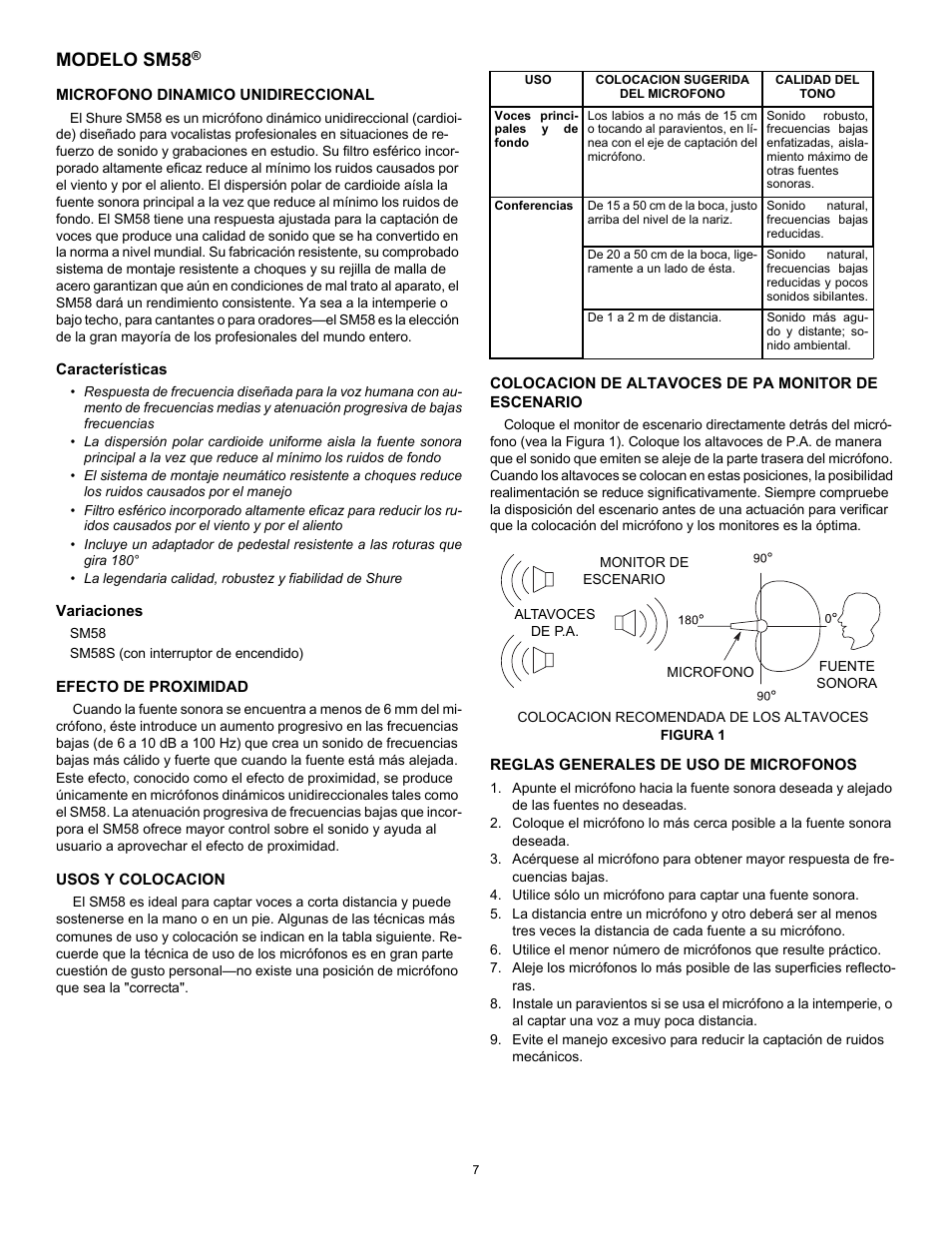 Modelo sm58, Microfono dinamico unidireccional, Características | Variaciones, Efecto de proximidad, Usos y colocacion, Colocacion de altavoces de pa monitor de escenario, Altavoces de p.a, Reglas generales de uso de microfonos | Shure SM58 User Manual | Page 7 / 12