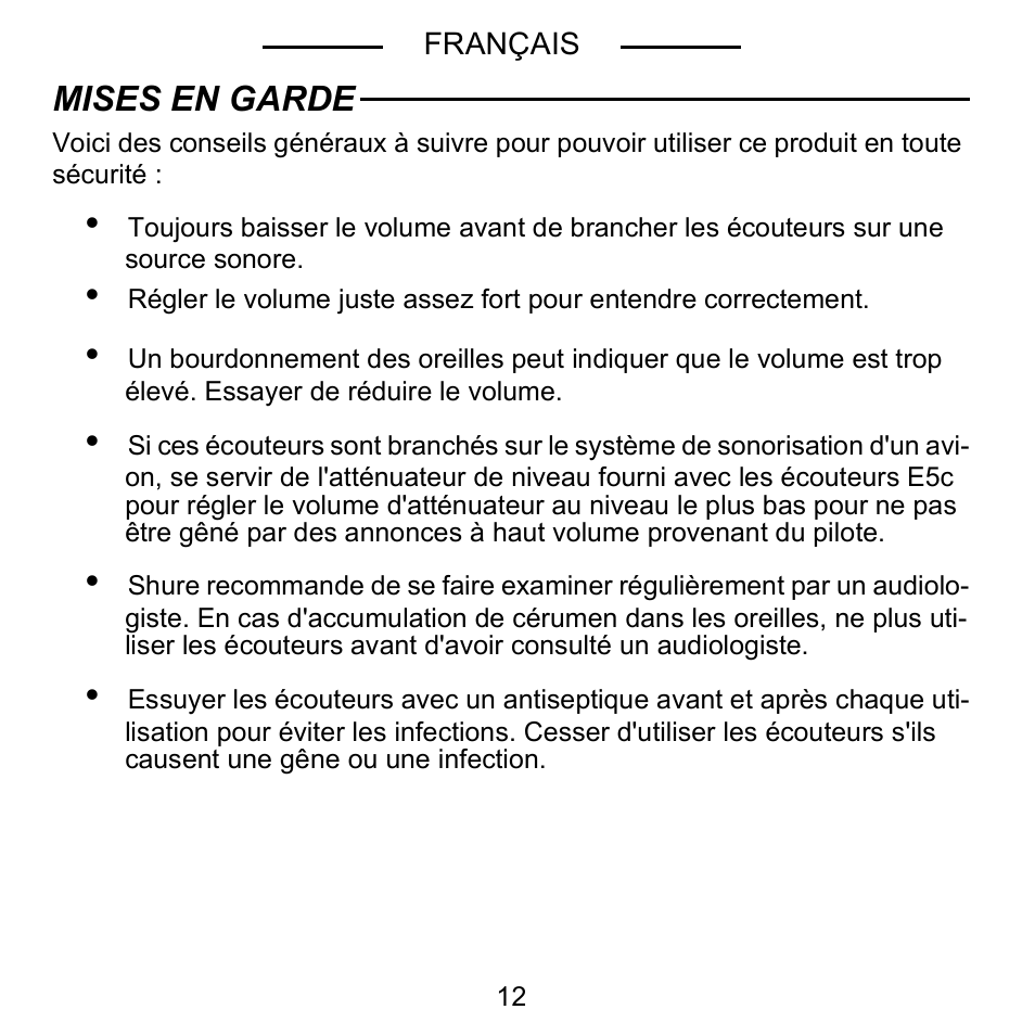 Mises en garde | Shure E5C User Manual | Page 14 / 63