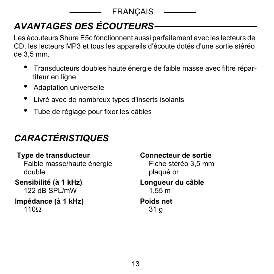 Avantages des écouteurs, Caractéristiques | Shure E5C User Manual | Page 15 / 63