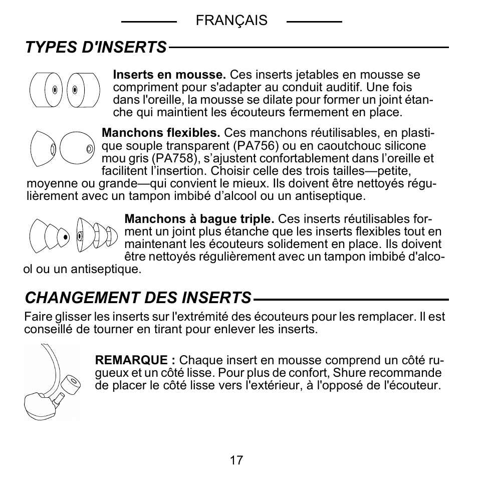 Types d'inserts changement des inserts | Shure E5C User Manual | Page 19 / 63
