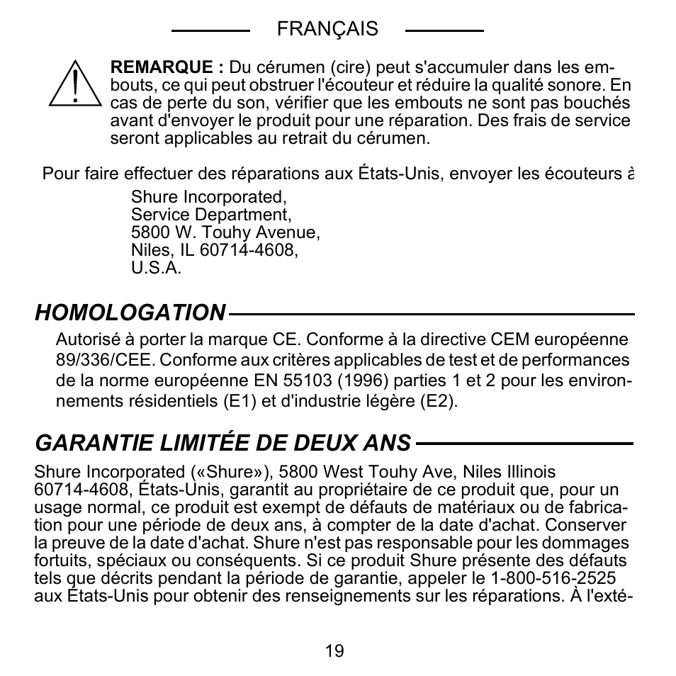 Homologation, Garantie limitée de deux ans | Shure E5C User Manual | Page 21 / 63