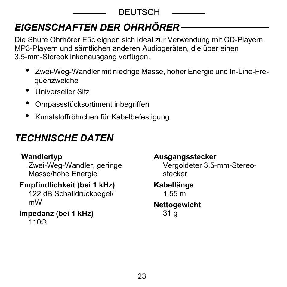 Eigenschaften der ohrhörer, Technische daten | Shure E5C User Manual | Page 25 / 63