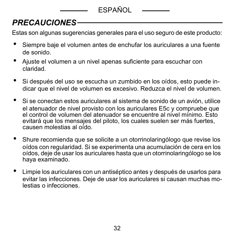 Precauciones | Shure E5C User Manual | Page 34 / 63
