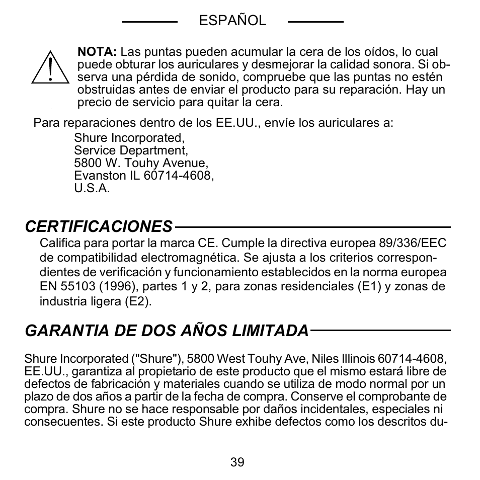 Certificaciones, Garantia de dos años limitada | Shure E5C User Manual | Page 41 / 63