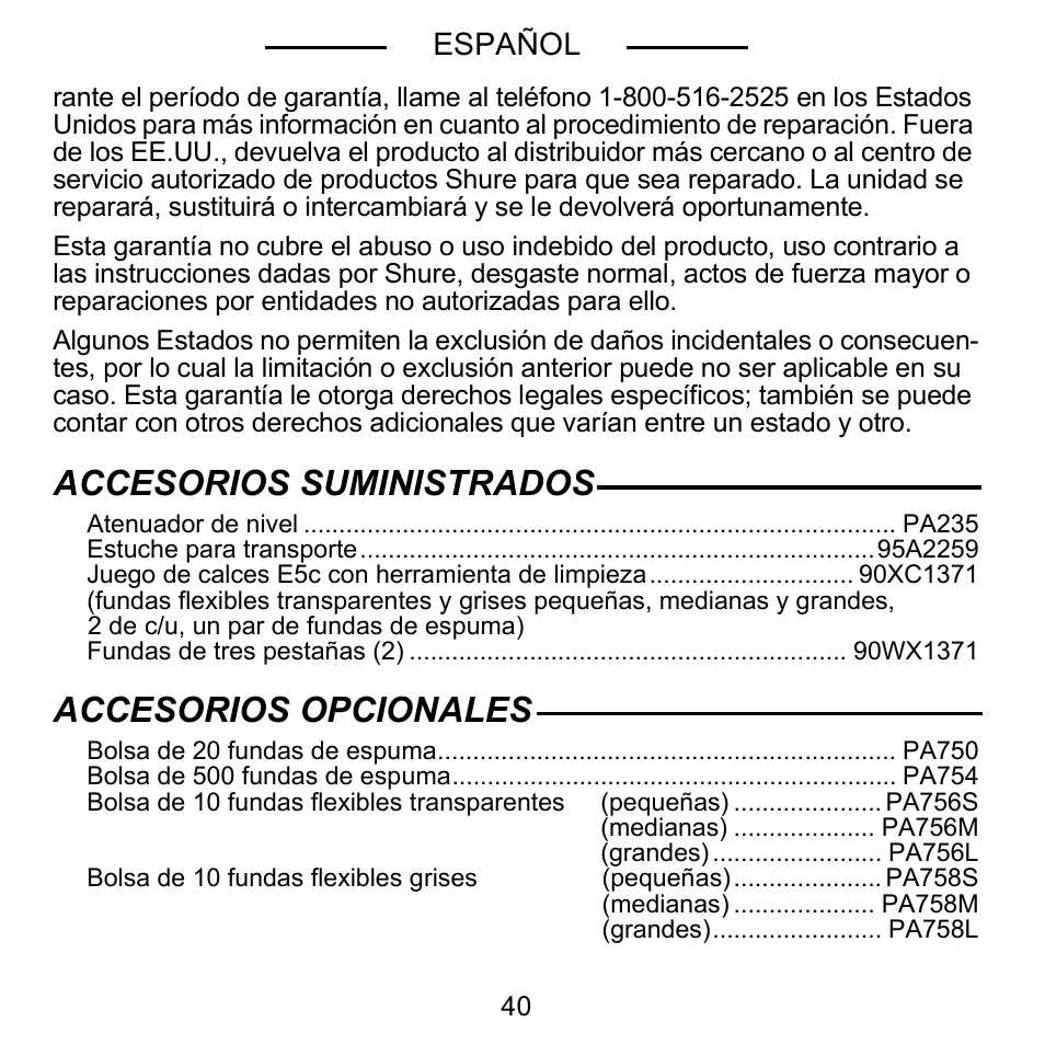 Accesorios suministrados, Accesorios opcionales | Shure E5C User Manual | Page 42 / 63