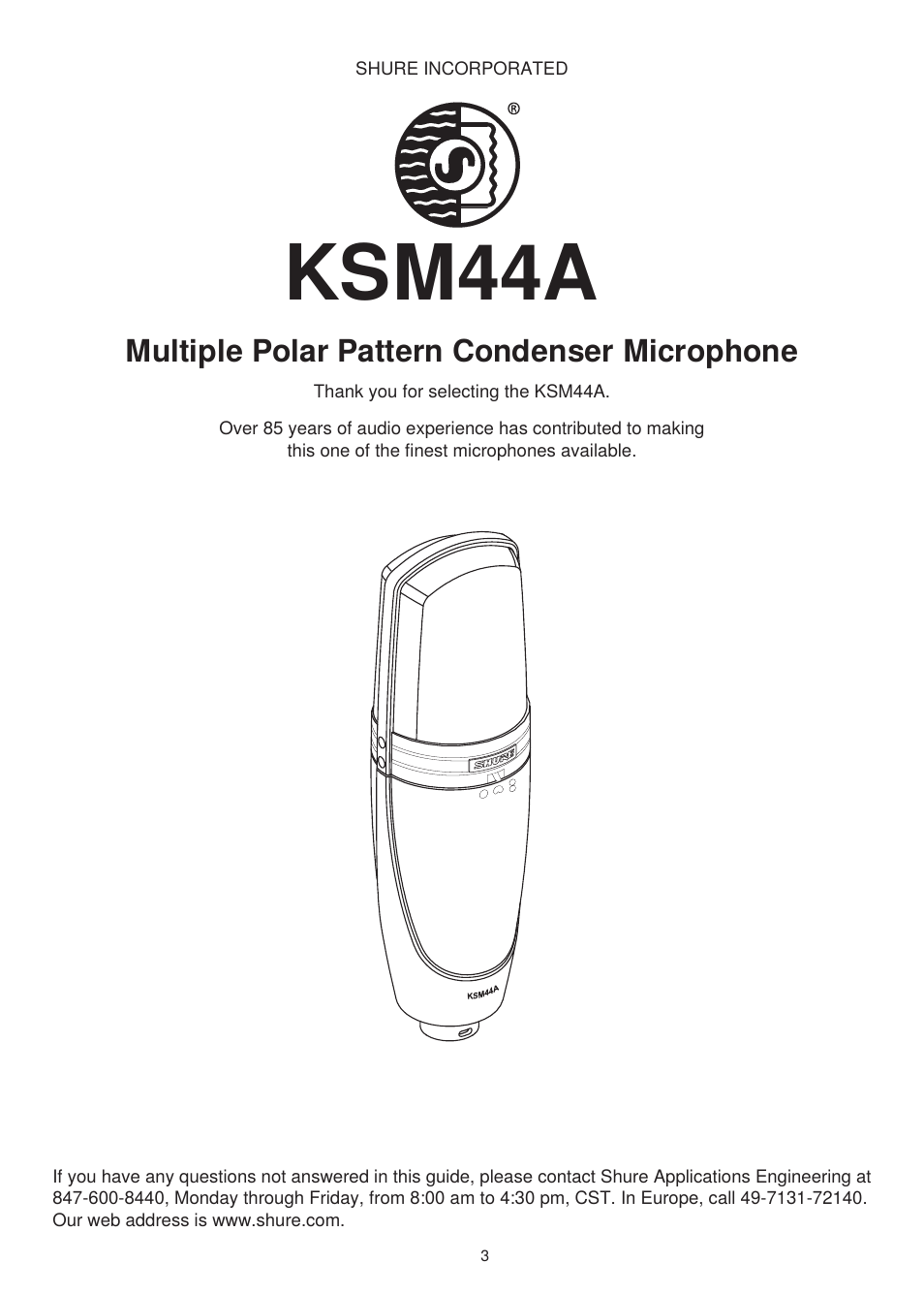 Ksm44a, Multiple polar pattern condenser microphone | Shure KSM44A User Manual | Page 2 / 10