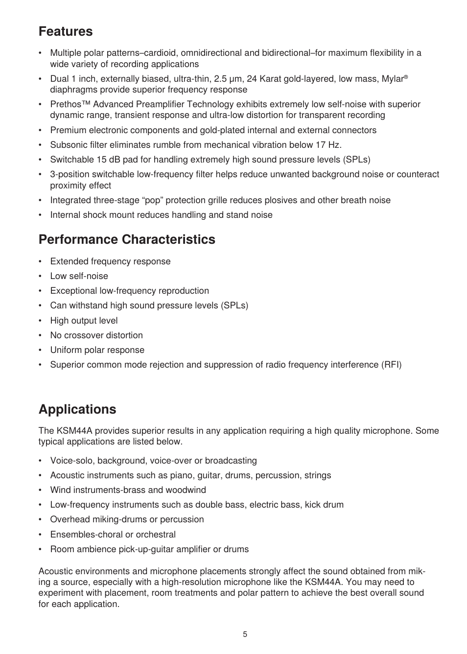 Performance characteristics, Features, Applications | Shure KSM44A User Manual | Page 4 / 10