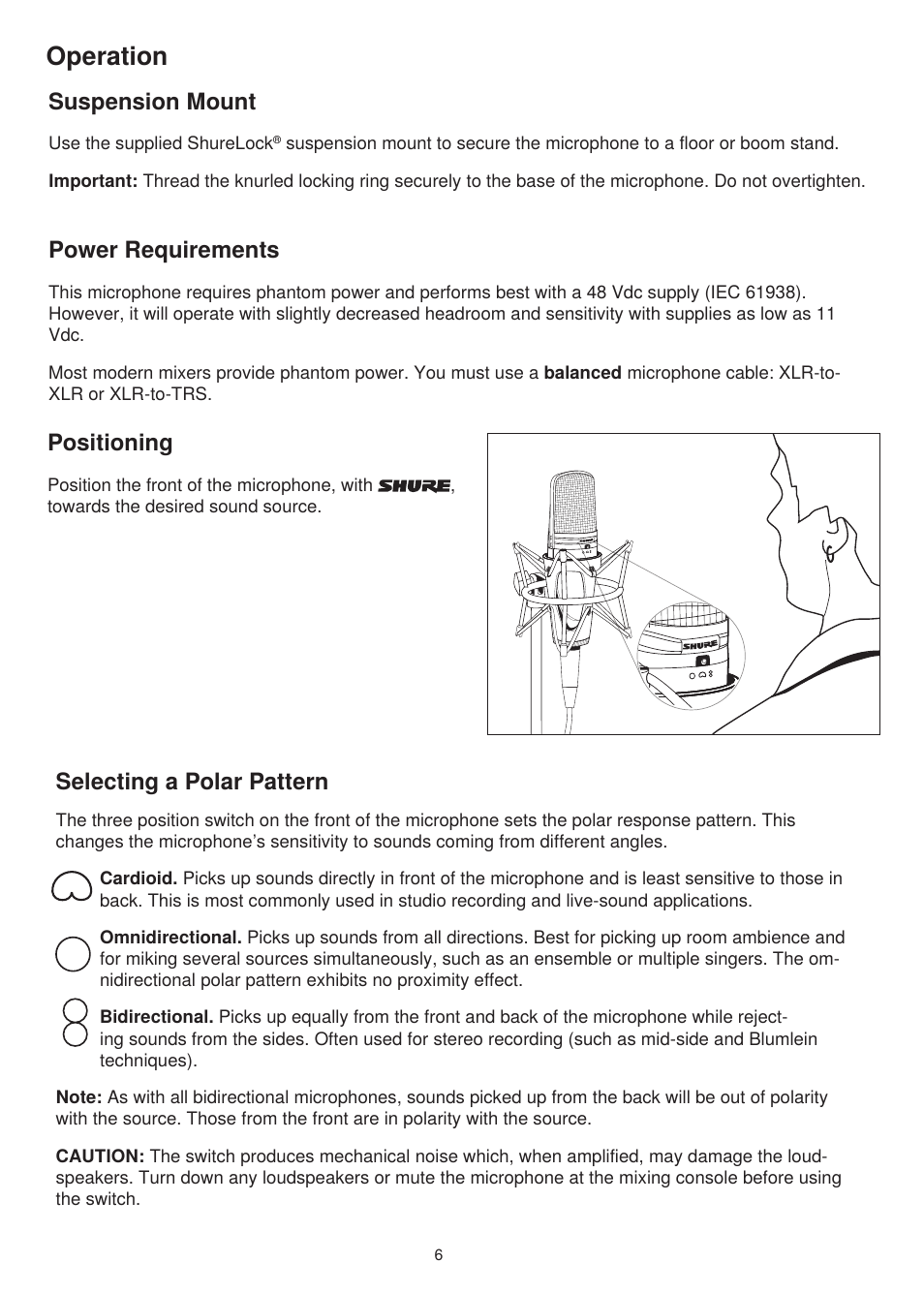 Operation, Suspension mount, Power requirements | Positioning, Selecting a polar pattern | Shure KSM44A User Manual | Page 5 / 10