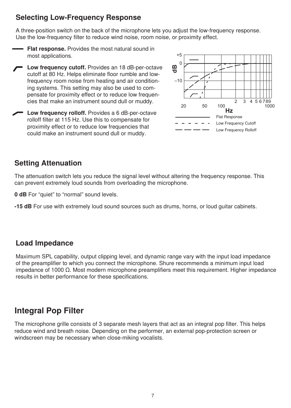 Integral pop filter, Selecting low-frequency response, Setting attenuation | Load impedance | Shure KSM44A User Manual | Page 6 / 10