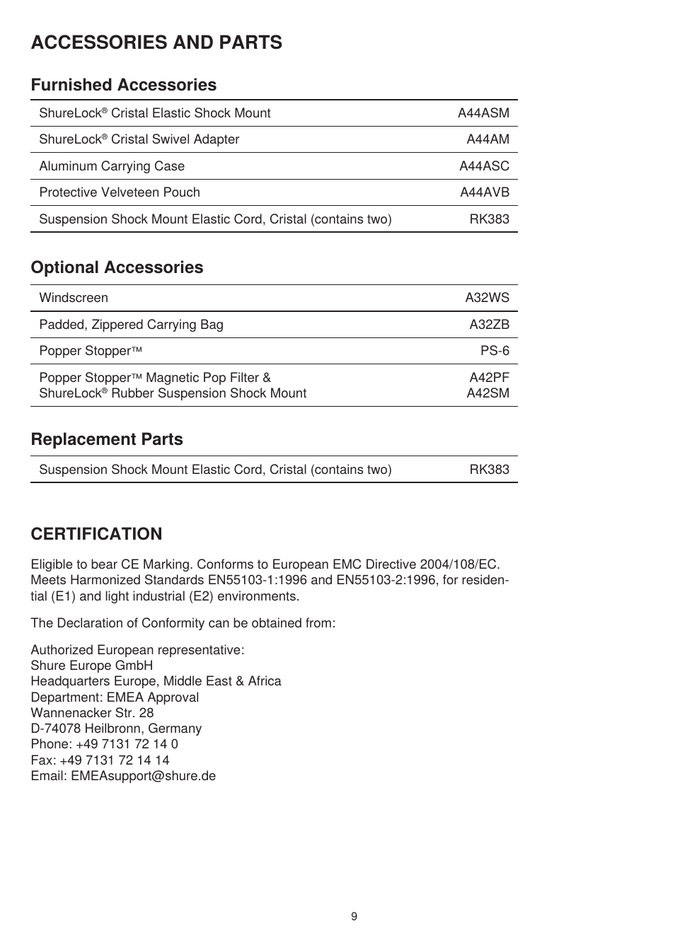 Accessories and parts, Furnished accessories, Optional accessories | Replacement parts, Certification | Shure KSM44A User Manual | Page 8 / 10