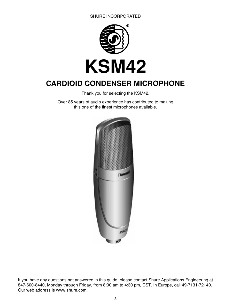 Ksm42, Cardioid condenser microphone | Shure KSM42 User Manual | Page 2 / 10