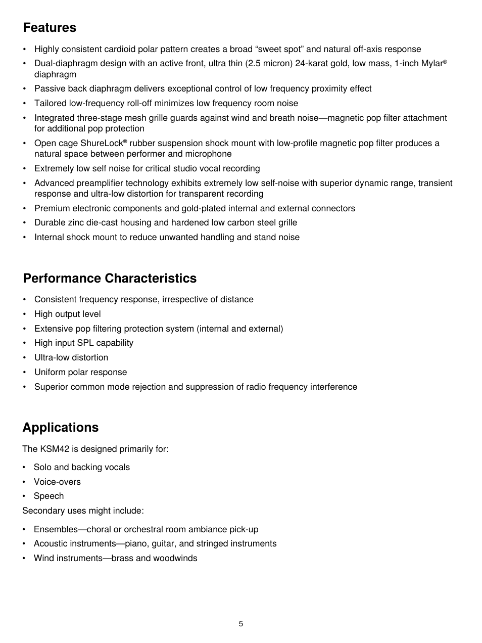 Performance characteristics, Features, Applications | Shure KSM42 User Manual | Page 4 / 10