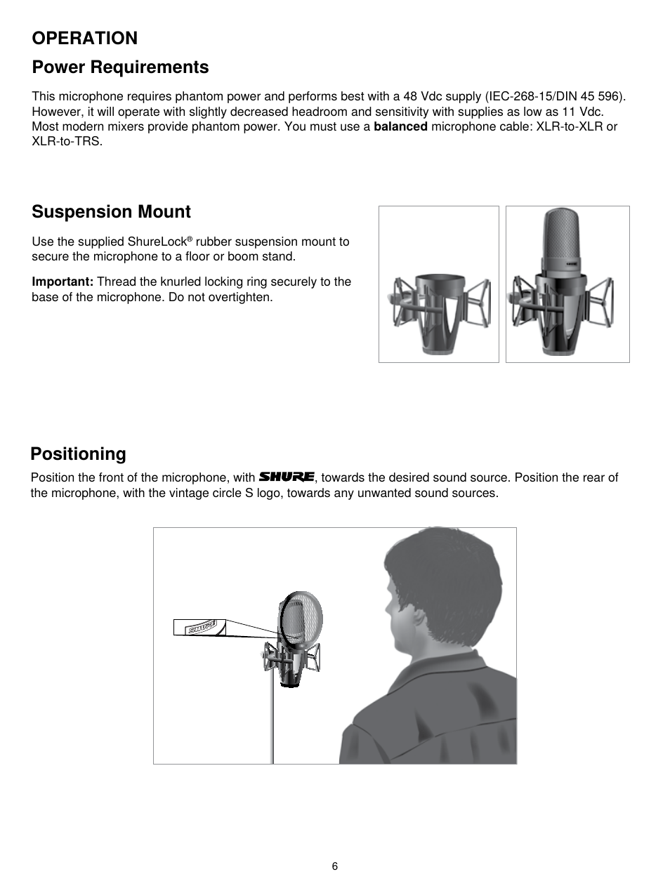 Suspension mount, Power requirements, Operation positioning | Shure KSM42 User Manual | Page 5 / 10