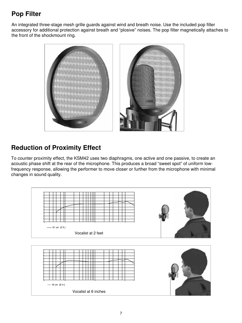 Pop filter, Reduction of proximity effect, Vocalist at 2 feet | Vocalist at 6 inches, Db hz | Shure KSM42 User Manual | Page 6 / 10