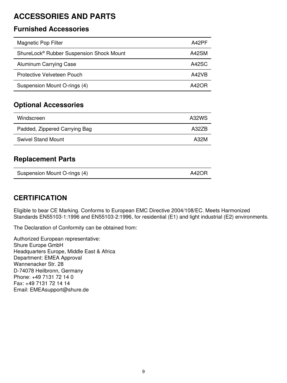 Accessories and parts, Furnished accessories, Optional accessories | Replacement parts, Certification | Shure KSM42 User Manual | Page 8 / 10