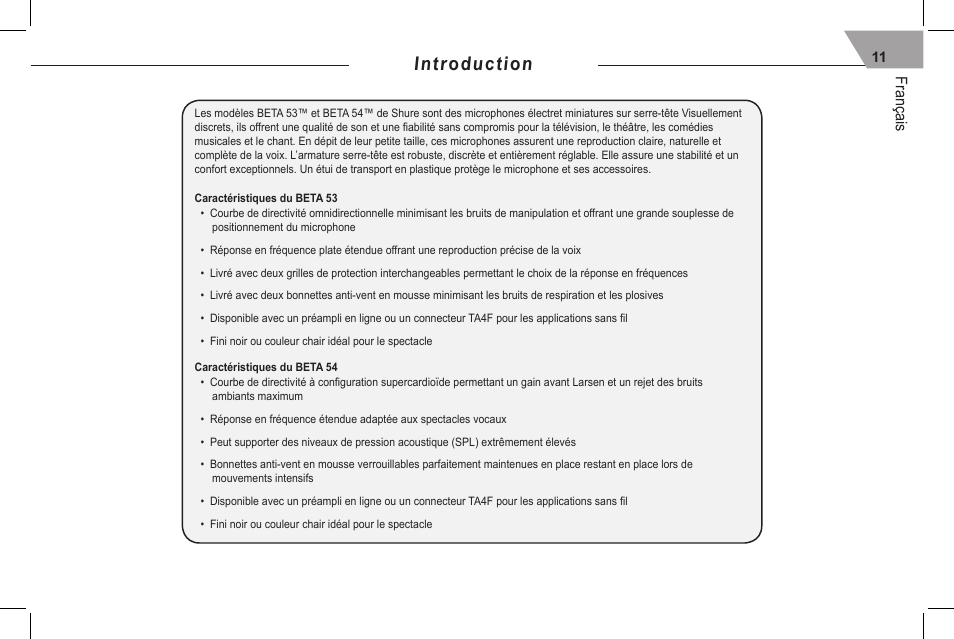 Introduction, Français | Shure 53 User Manual | Page 13 / 66