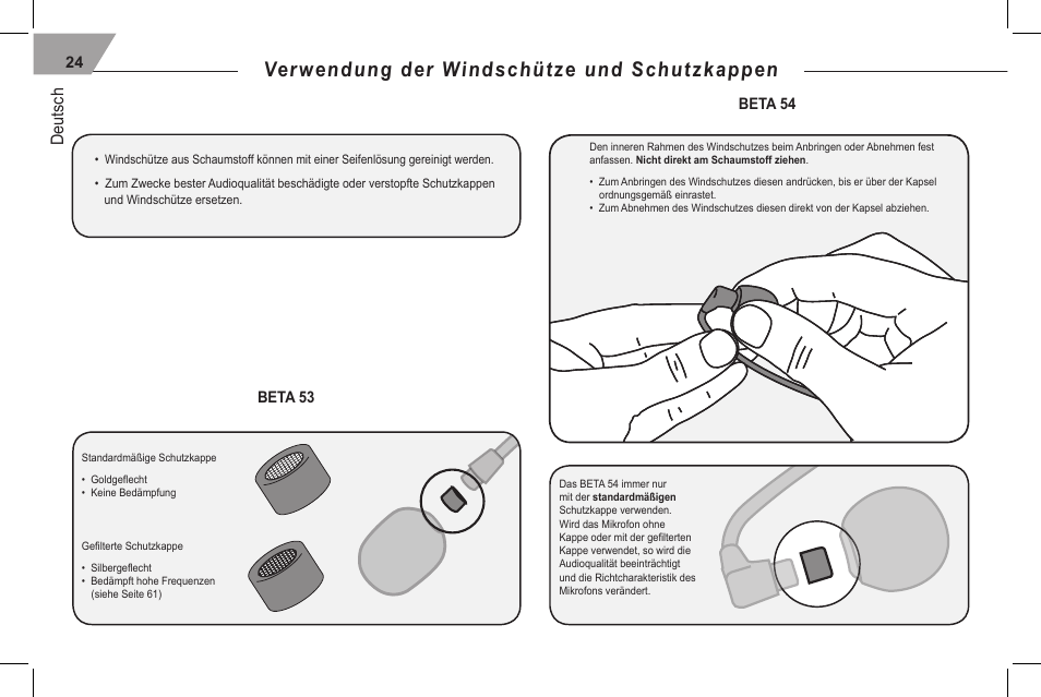 Verwendung der windschütze und schutzkappen, Deutsch | Shure 53 User Manual | Page 26 / 66