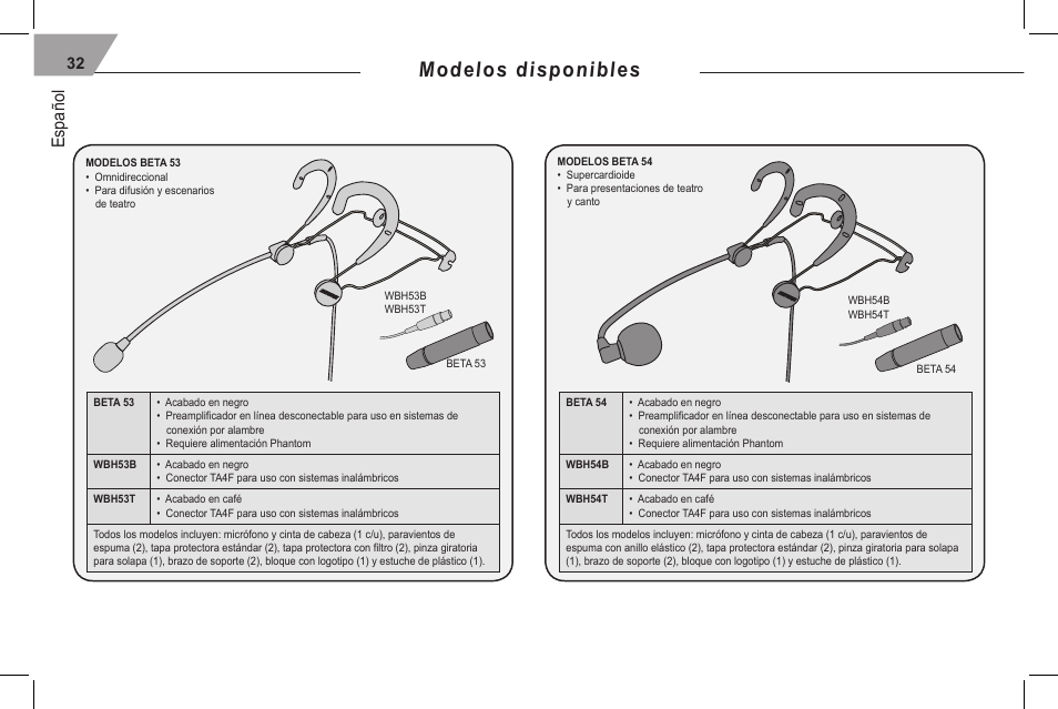 Modelos disponibles, Español | Shure 53 User Manual | Page 34 / 66