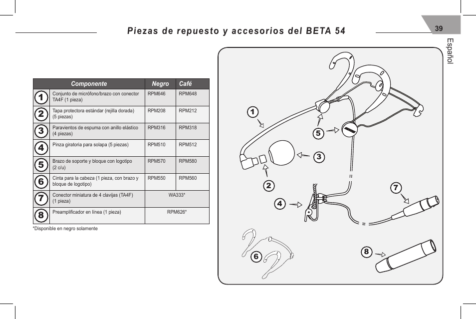 Piezas de repuesto y accesorios del beta 54, Español | Shure 53 User Manual | Page 41 / 66