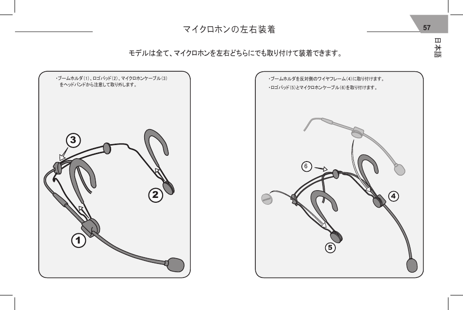 マイクロホンの左右装着 | Shure 53 User Manual | Page 59 / 66