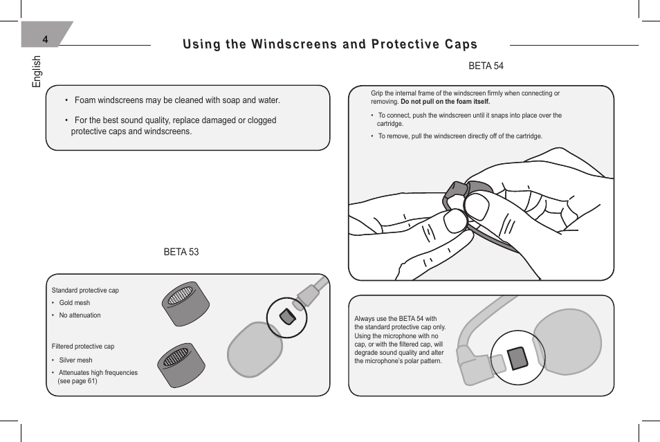 Using the windscreens and protective caps, English | Shure 53 User Manual | Page 6 / 66