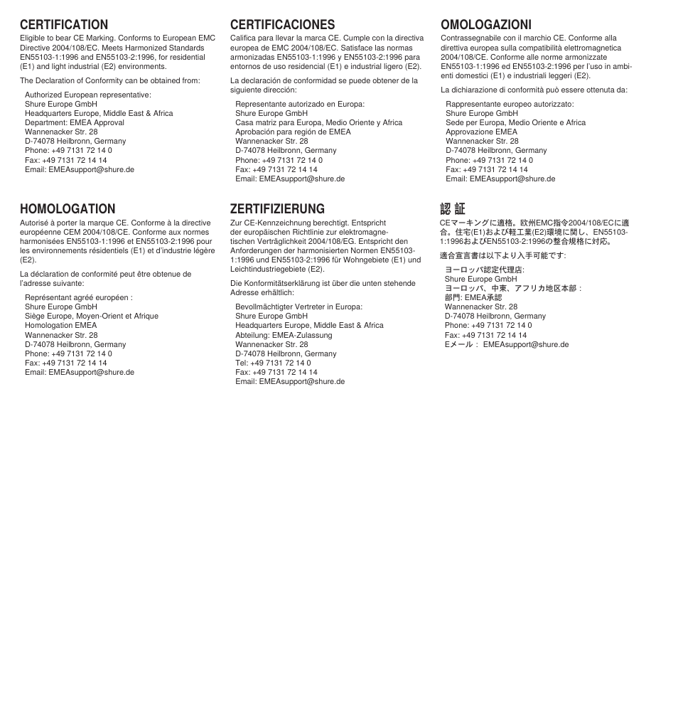 Certification, Homologation, Certificaciones | Zertifizierung, Omologazioni | Shure 53 User Manual | Page 65 / 66