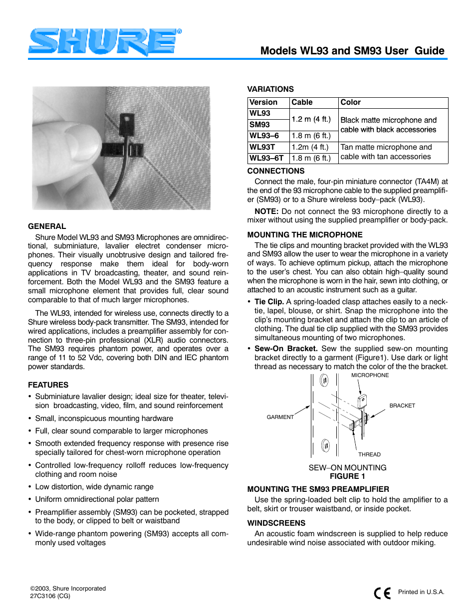 Shure SM93 User Manual | 12 pages