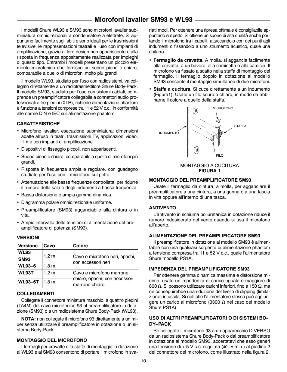 Microfoni lavalier sm93 e wl93 | Shure SM93 User Manual | Page 10 / 12