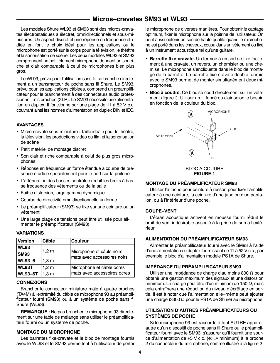 Micros–cravates sm93 et wl93 | Shure SM93 User Manual | Page 4 / 12