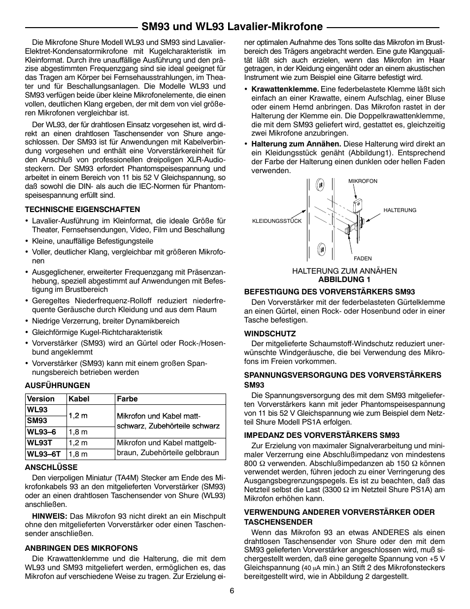 Sm93 und wl93 lavalier-mikrofone | Shure SM93 User Manual | Page 6 / 12